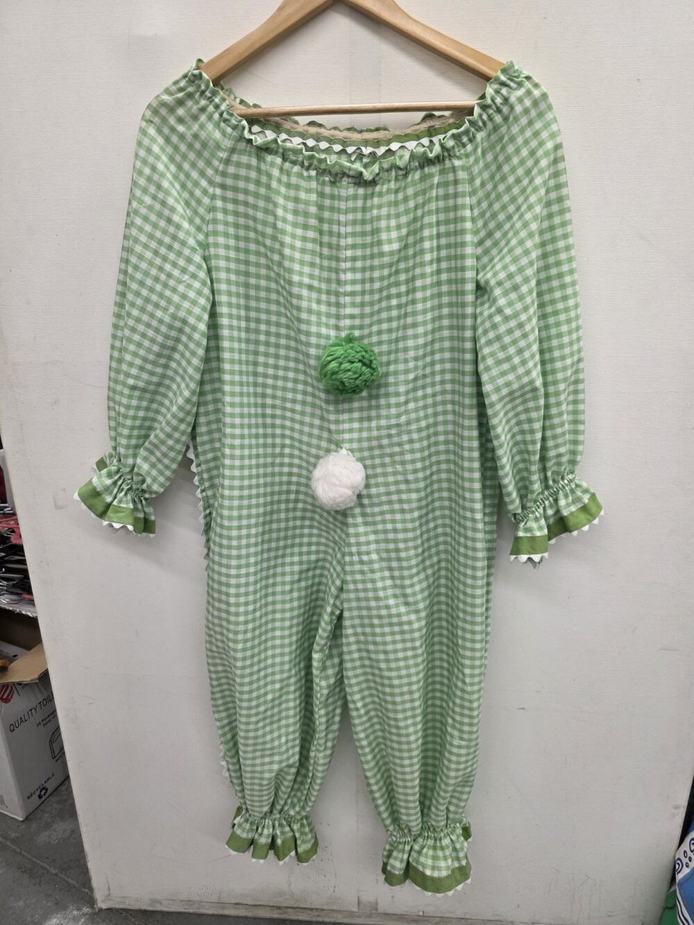 Vintage Kids Green Gingham Clown Jumpsuit Costume Handmade Size Medium Halloween